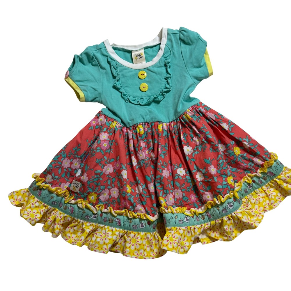Wildflowers Floral Ruffle Dress Toddler Girls 18M Teal Red Good Boutique Pockets